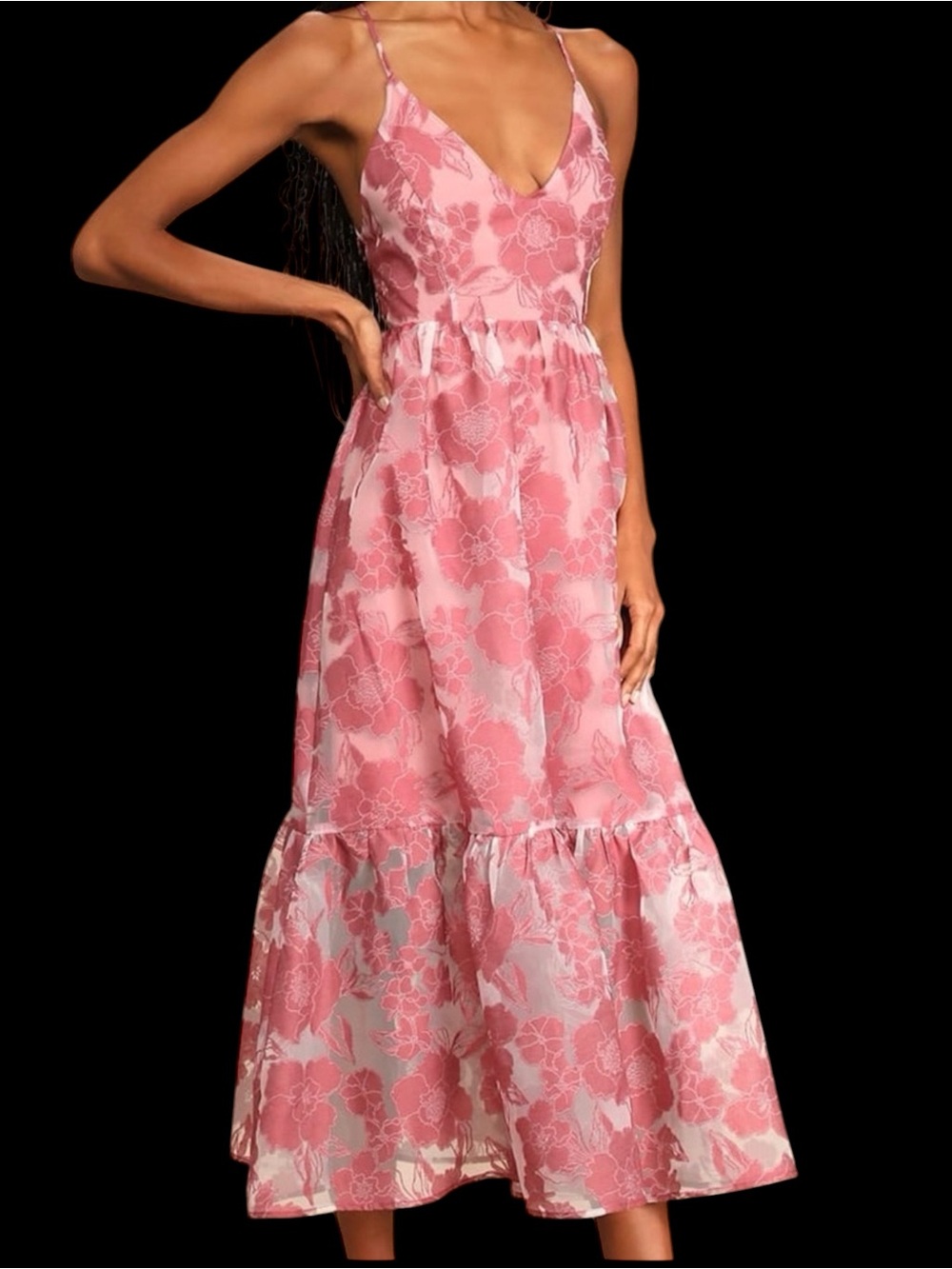 Lulus Feeling Like Forever Rose Pink Jacquard Organza Lace-Up Midi Dress NWT